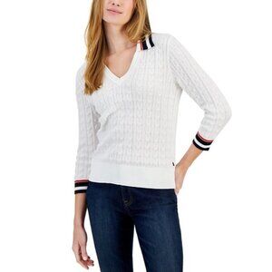 Tommy Hilfiger Women's Cotton Striped-Collar Cable-Knit Sweater SZ M White $69.5